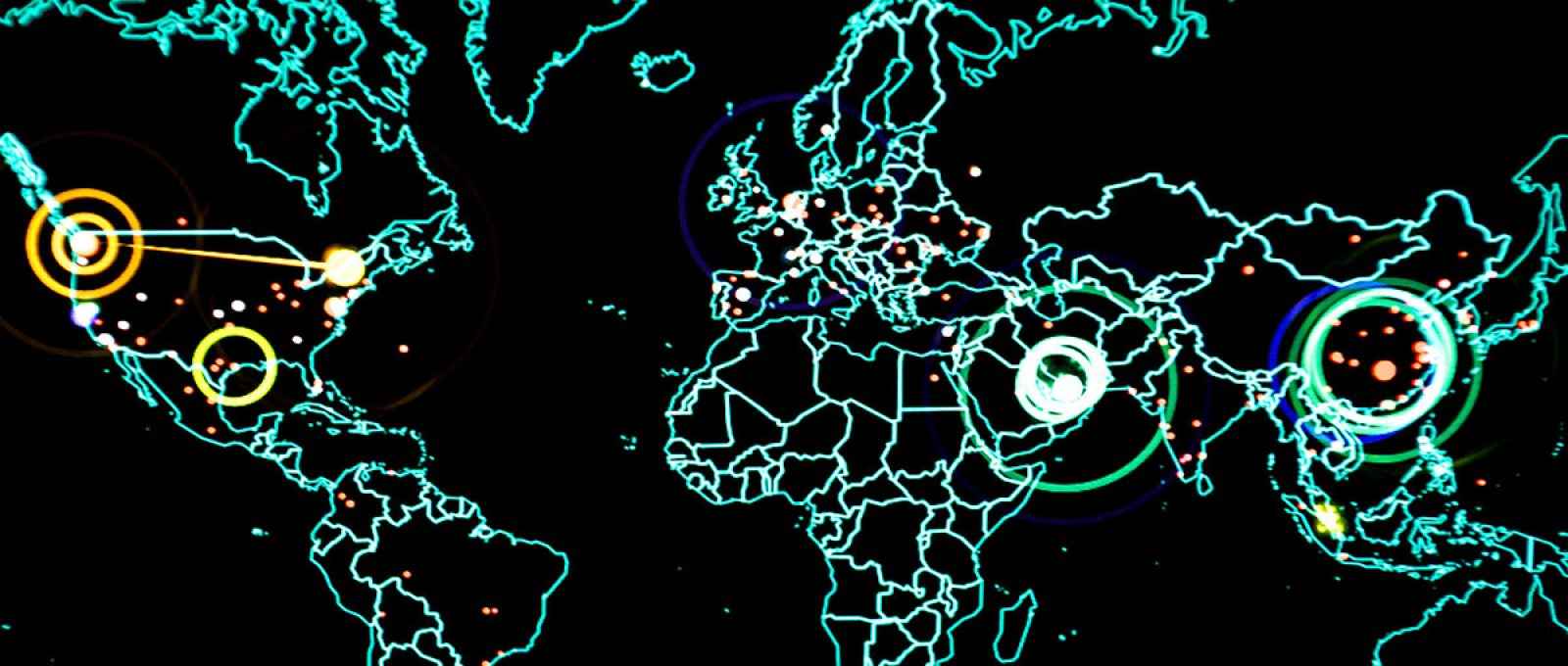 Real-time cyber attacks, including information on the attack's origin, type and target, as well as, the attacker's IP address, geographic location and ports being utilized, are displayed on the Norse attack map on the 275th Cyberspace Squadron's operations floor, known as the Hunter's Den. The squadron is one of four squadrons compromising the 175th Cyberspace Operations Group of the Maryland Air National Guard at Warfield Air National Guard Base, Middle River, Md., June 3, 2017. (U.S. Air Force photo by J.M. Eddins Jr.)