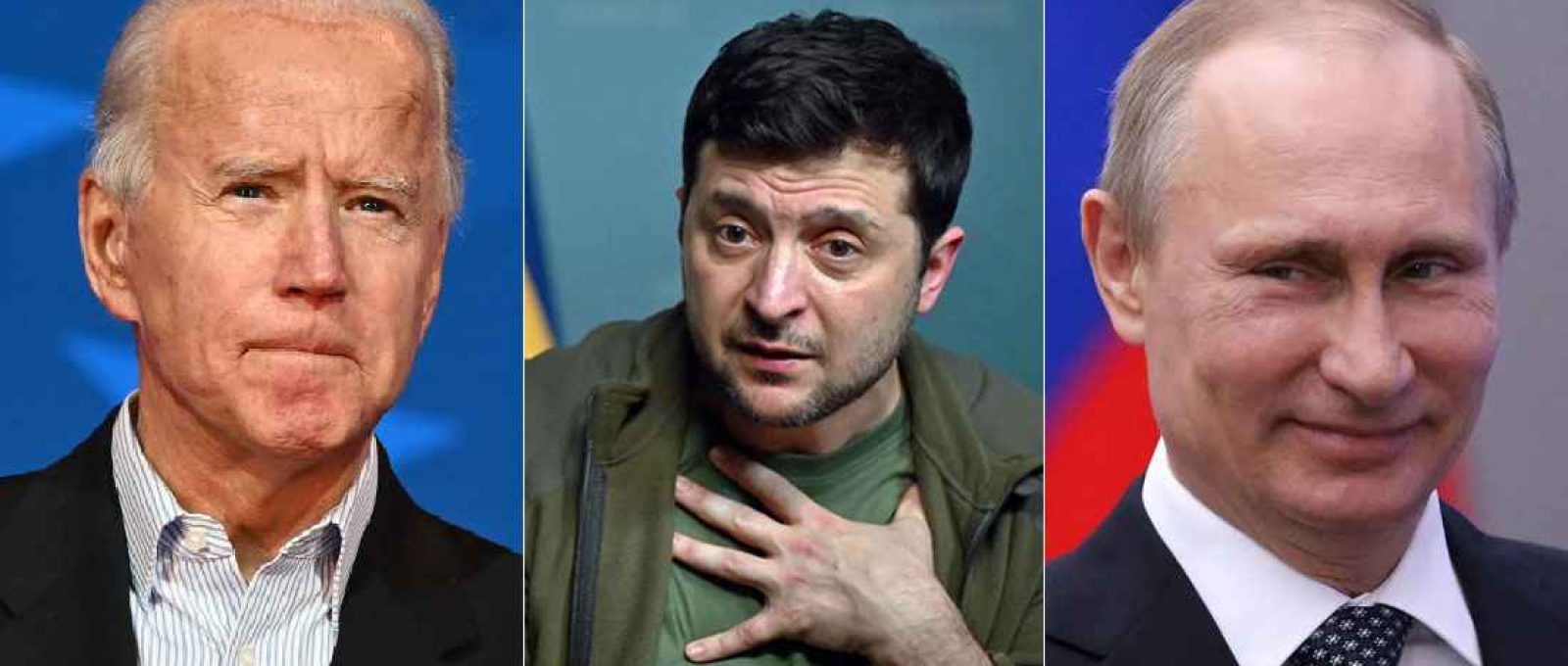 Joe Biden (Jim Watson/AFP), Volodymyr Zelensky (Sergei Supinsky/AFP) e Vladimir Putin (Sasha Mordovets/Getty Images).
