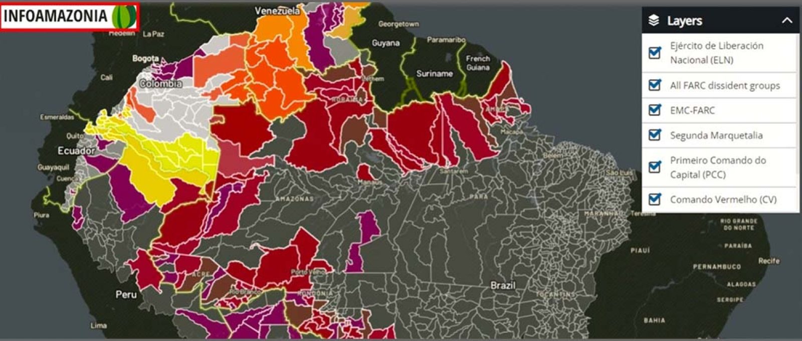 Mapa constata a presença de grupos armados na região amazônica. Estados falidos, instabilidade e baixa presença estatal tornam os locais verdadeiros atrativos para grupos armados (https://infoamazonia.org/).