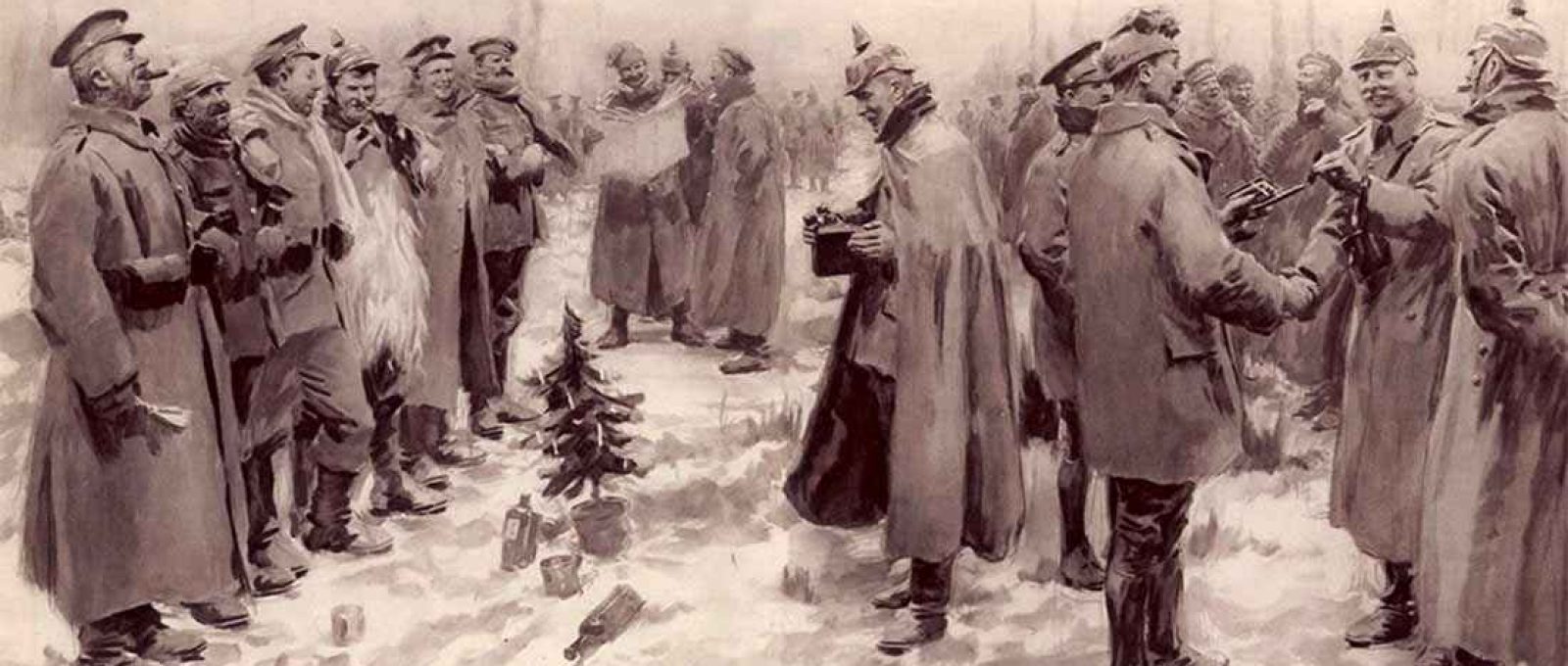 Tropas britânicas e alemãs confraternizam no campo de batalha em dezembro de 1914 (Mary Evans Picture Library/ Encyclopædia Britannica/Alamy).