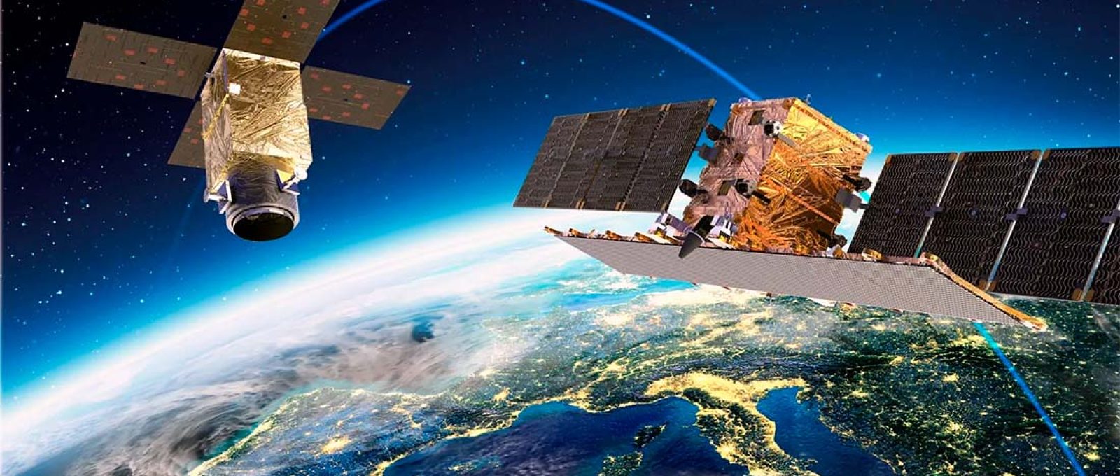 Representação dos satélites ópticos e de radar da Thales Alenia Space para a “constelação de constelações” do IRIDE, International Report for Innovative Defense of Earth (Thales Alenia Space).