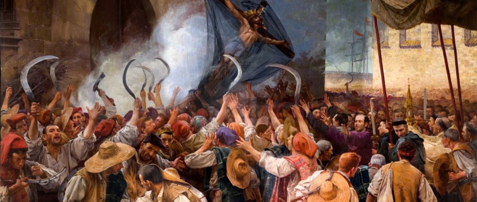 “Els Segadors” (“Os Ceifadores”), pintura alusiva ao Corpus Christi de 1640, quando um grupo de ceifeiros se rebelou contra as tropas espanholas. Óleo de Antoni Estruch (1907). Museu Municipal de Arte de Sabadell, província de Barcelona, Catalunha.