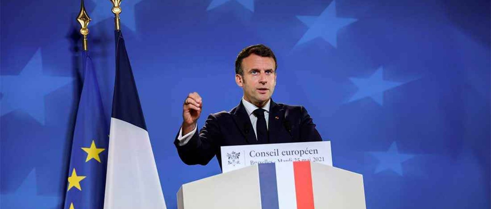 O presidente francês Emmanuel Macron em coletiva de imprensa durante cúpula da UE em Bruxelas, Bélgica, em 25 de maio de 2021 (Foto: John Thys/Reuters).