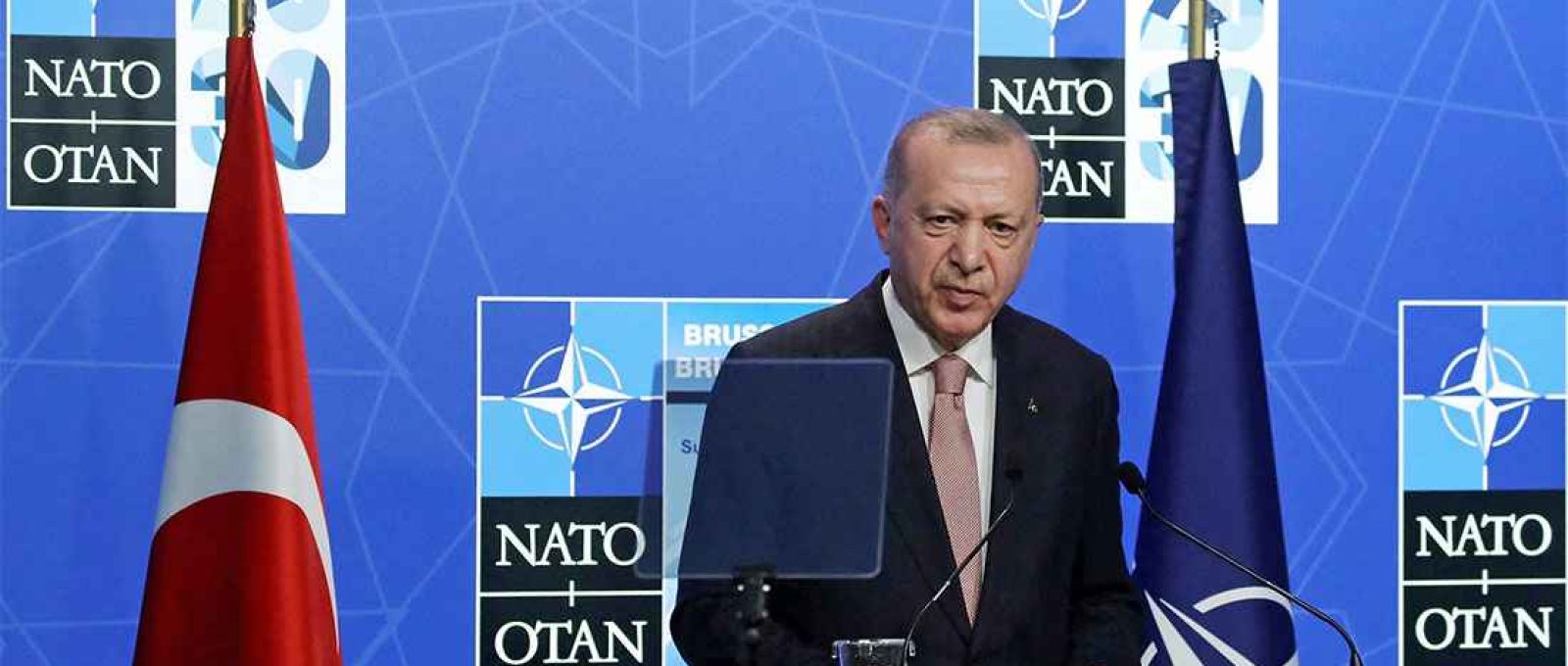 O presidente da Turquia, Recep Tayyip Erdogan, em entrevista coletiva durante uma cúpula da OTAN em Bruxelas, Bélgica, em 14 de junho de 2021 (Yves Herman/Reuters).
