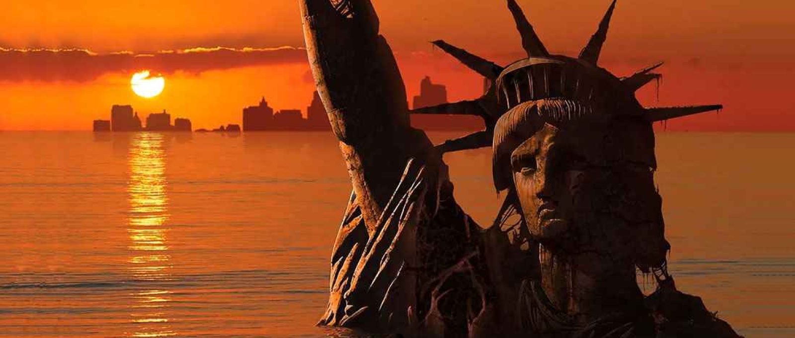 Ilustração da Estátua da Liberdade e Nova York inundadas e em ruínas (Getty Images).