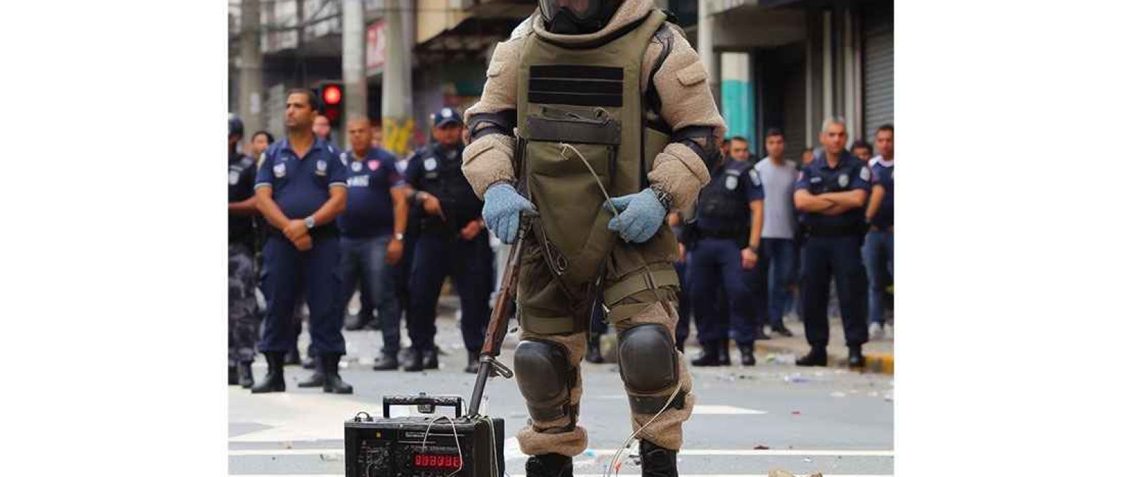 Técnico explosivista trabalhando em ocorrência. Imagem gerada por inteligência artificial (Microsoft Bing/Plataforma DALL·E 3).