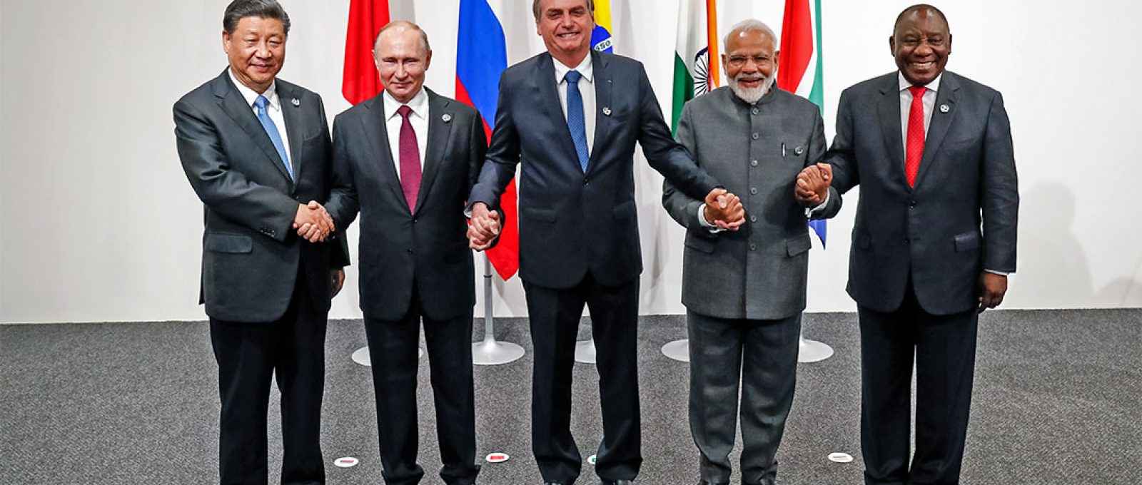 Os líderes dos países membros do BRICS: Xi Jinping, da China, Vladimir Putin, da Rússia, Jair Bolsonaro, do Brasil, Narendra Modi, da Índia e Cyril Ramaphosa, da África do Sul(Alan Santos/Palácio do Planalto/CC BY 2.0).