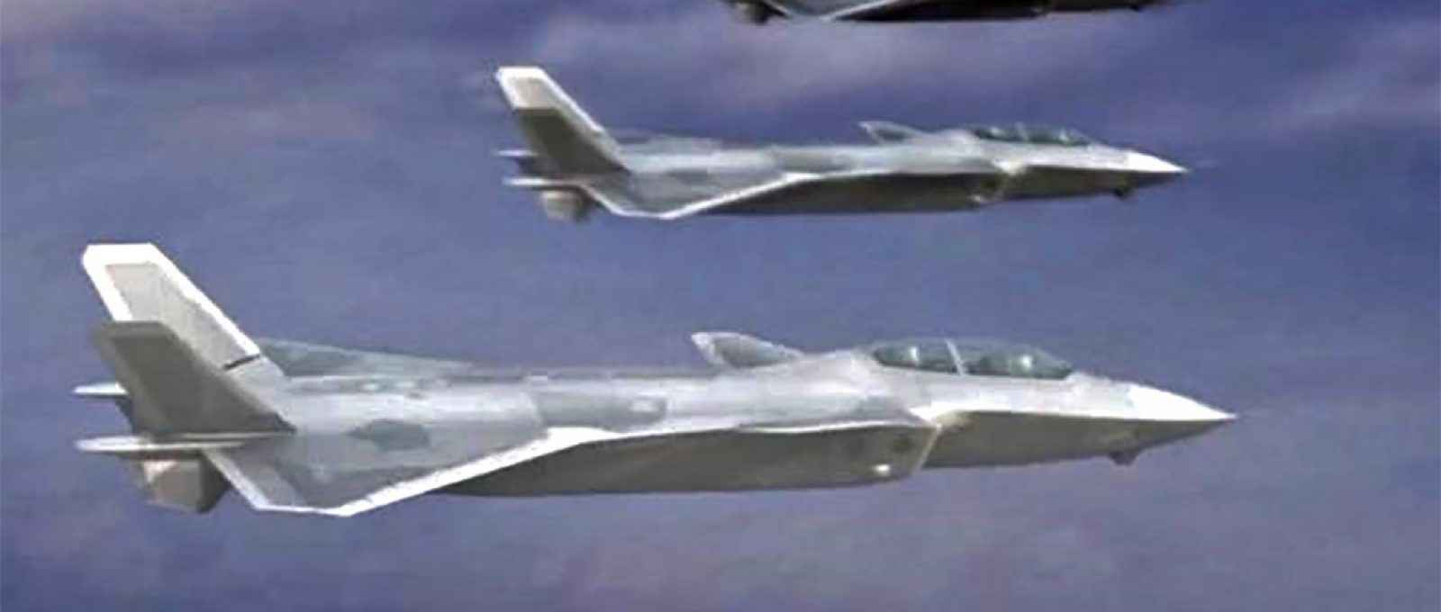Variante biposto do J-20 em imagem gerada por computador, em vídeo divulgado pela AVIC (Aviation Industry Corp of China) (Imagem: captura de tela do vídeo AVIC/Airrecognition.com).