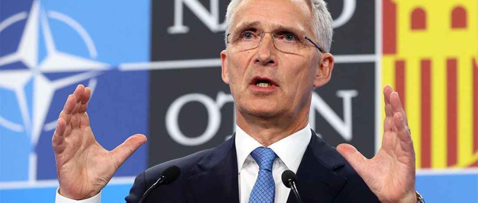 O secretário-geral da OTAN, Jens Stoltenberg, fala em coletiva de imprensa durante a cúpula realizada em Madri em junho (Kiko Huesca/EPA).