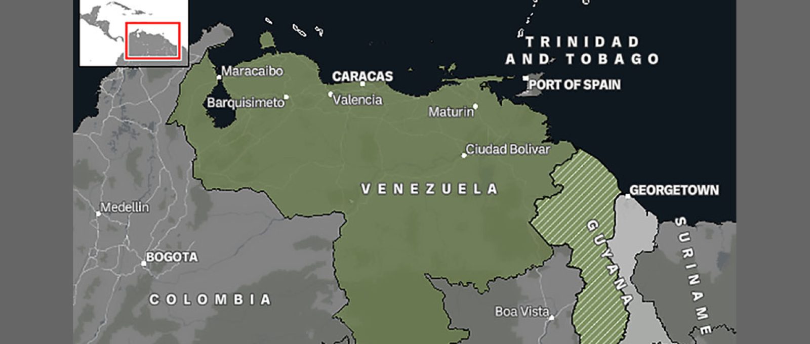 A região de Essequibo, na Guiana, reivindicada pela Venezuela, destacada em verde e branco.