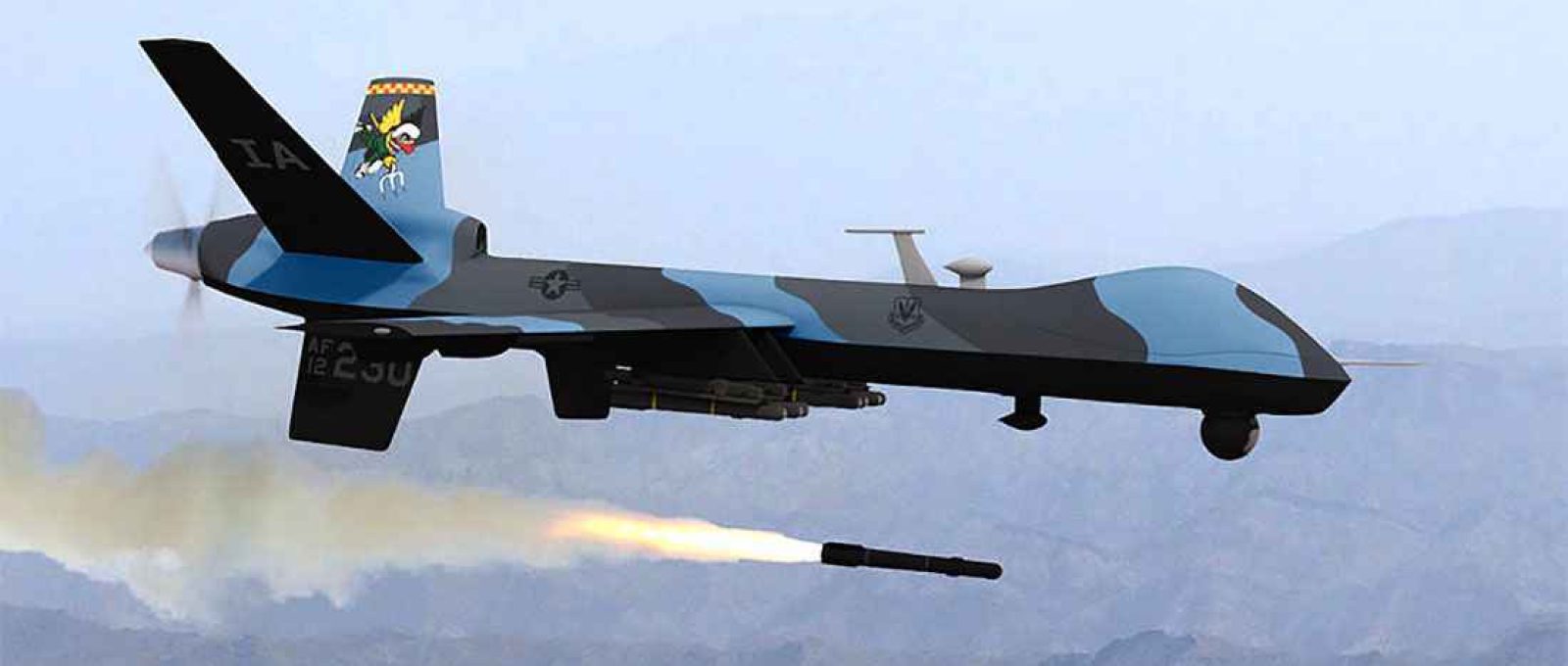 MQ-9 Reaper disparando um míssil Hellfire (arte digital da Custom Aviation Art).