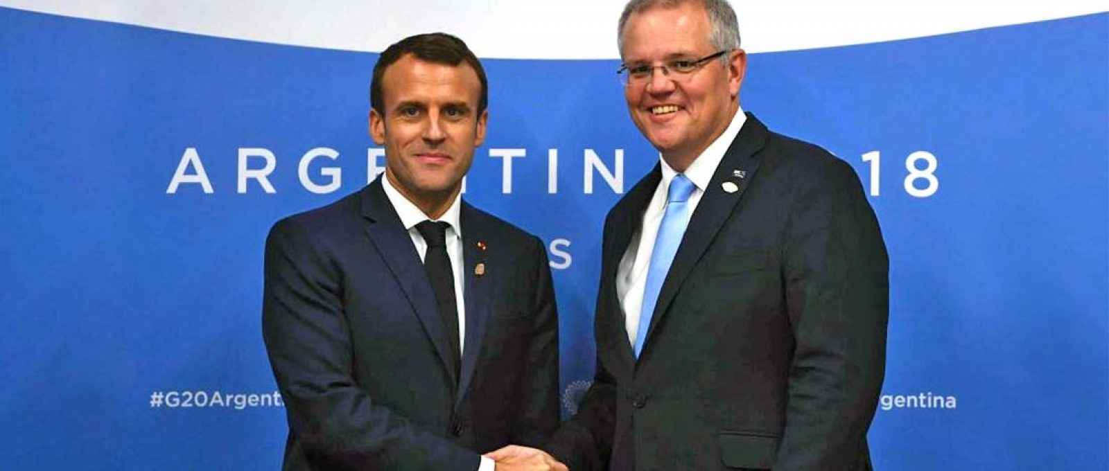 O presidente francês, Emmanuel Macron, e o primeiro-ministro australiano, Scott Morrison, discutiram o projeto do submarino da Austrália durante a XIII Cúpula do G20 realizada em Buenos Aires, Argentina, em novembro/dezembro de 2018 (Foto: Lukas Coch/AAP).
