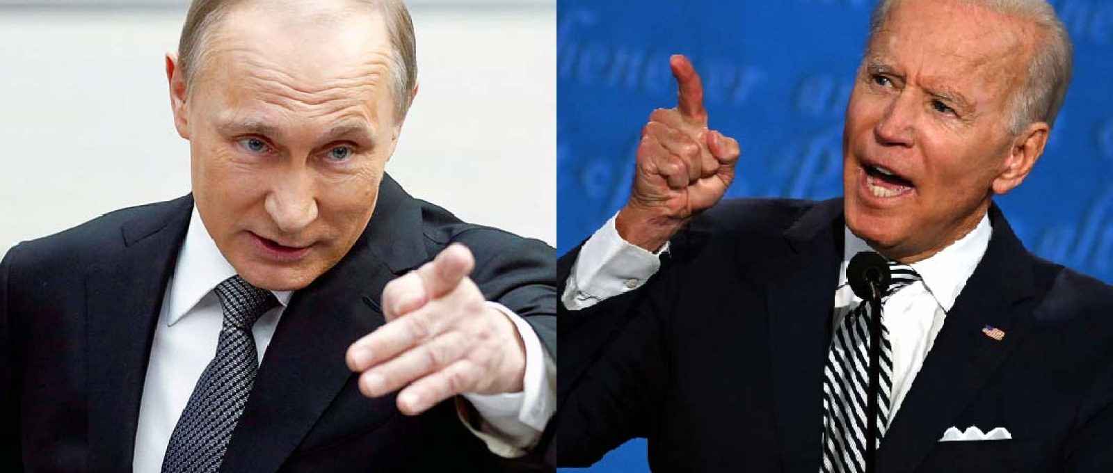 Os presidentes Vladimir Putin, da Rússia (esq.), e Joe Biden, dos EUA (dir.).