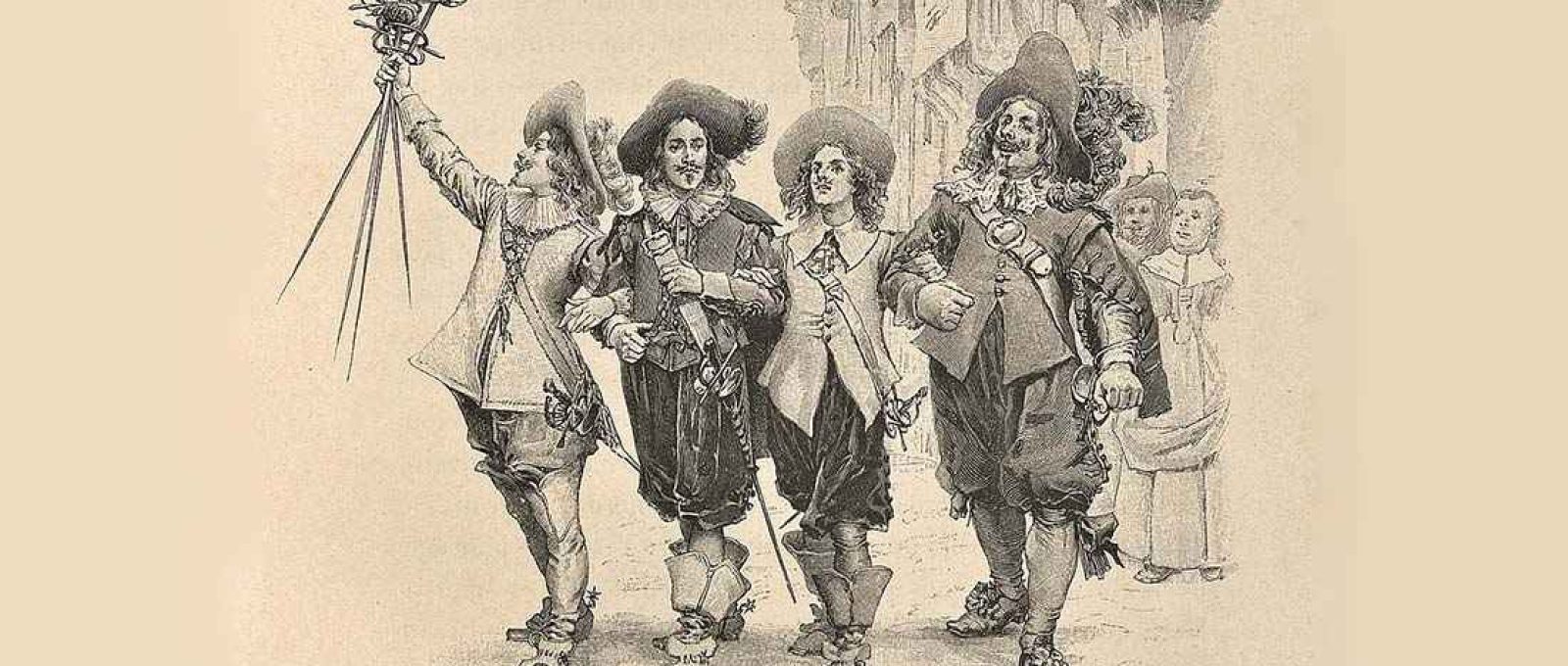 D’Artagnan, Athos, Aramis, e Porthos, em ilustração de 1894 de Maurice Leloir, ilustrador, aquarelista e escritor francês (Wikimedia Commons/Domínio Público).