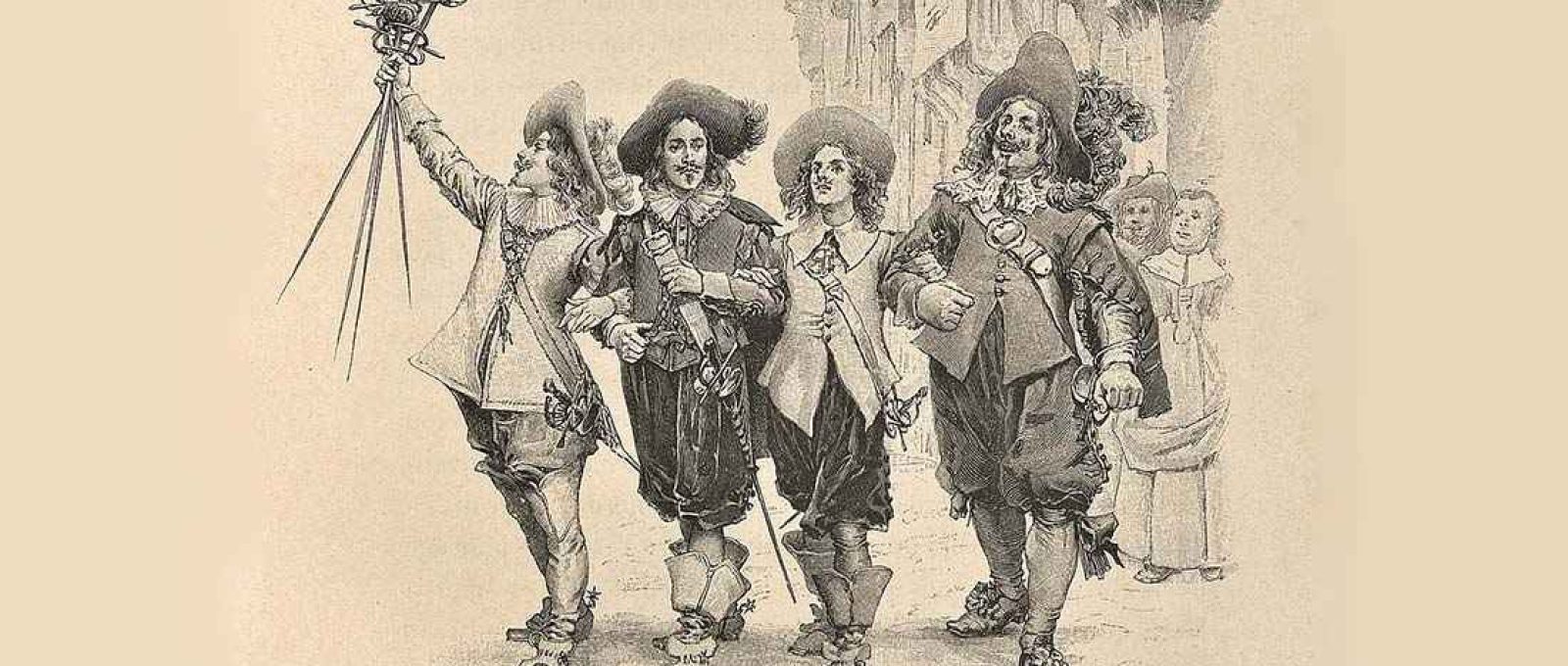 D’Artagnan, Athos, Aramis, e Porthos, em ilustração de 1894 de Maurice Leloir, ilustrador, aquarelista e escritor francês (Wikimedia Commons/Domínio Público).