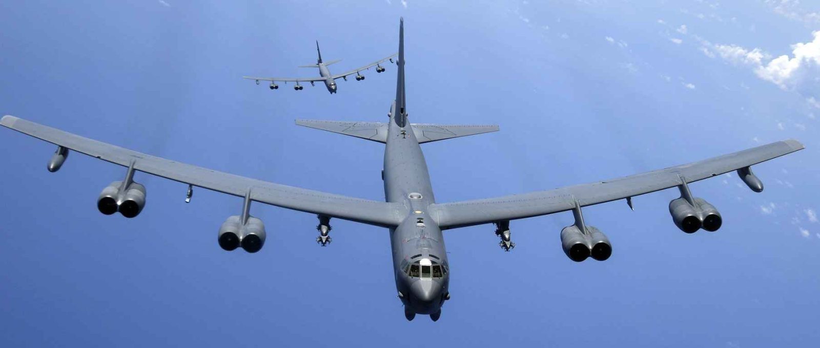 PACIFIC OCEAN (Aug. 2, 2018) Two U.S. Air Force B-52H Stratofortress bombers fly over the Pacific. Two U.S. Navy P-8A Poseidon aircraft assigned to Patrol Squadrons (VP) 45 and VP-4 joined the B-52s in a joint training mission in the vicinity of Japan over the East China Sea in support of U.S. Indo-Pacific Command’s Continuous Bomber Presence operations, which are a key component to improving combined and joint service interoperability. (U.S. Air Force photo by Airman 1st Class Gerald R. Willis)